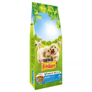 "Friskies Junior ξηρή τροφή για κουτάβια με Κοτόπουλο, Πρόσθετo γάλα και Λαχανικά 18Kg"